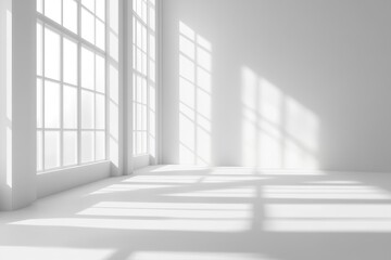 Empty, bright room with large windows, casting shadows on white walls and floor