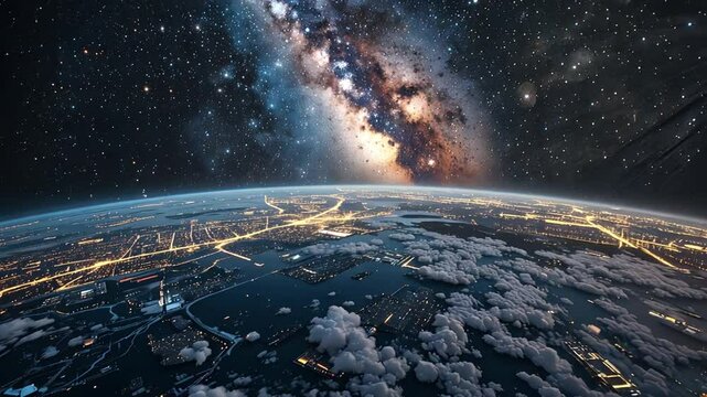 4K view of planet earth from outer space with visible stars and glowing cities at night, showing the beauty of our world and cosmic background in full resolution