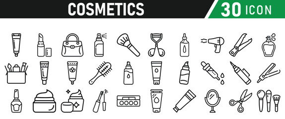 Cosmetic line icons set. Include icon - cream, collagen, mask, makeup lotion, serum, sunscreen outline pictogram for skincare product. Icons Collection