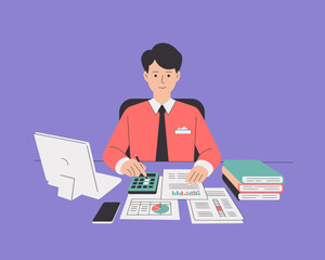 Accountant Analyzing Financial Reports with Calculator and Laptop at Office Desk, Illustration