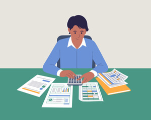 Accountant Analyzing Financial Data with Calculator and Documents on Desk, Flat Vector Illustration