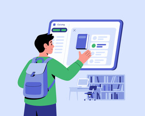 Student Using Library App: Digital Books, Education Technology, and Modern Learning in Library Setting