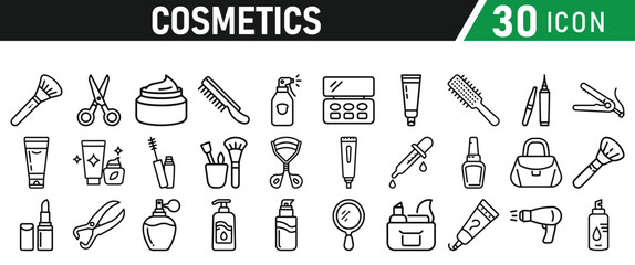 Cosmetic line icons set. Include icon - cream, collagen, mask, makeup lotion, serum, sunscreen outline pictogram for skincare product. Icons Collection