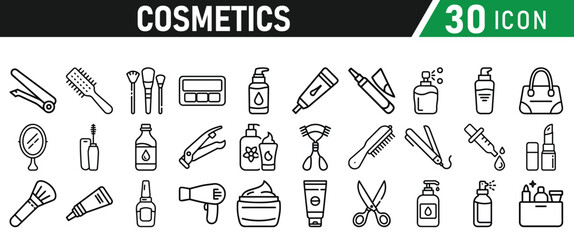 Cosmetic line icons set. Include icon - cream, collagen, mask, makeup lotion, serum, sunscreen outline pictogram for skincare product. Icons Collection