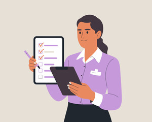 Woman with checklist holding clipboard. Task completion, planning, and goal setting concept. Achieving goals.