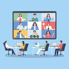 Online Meeting Illustration: People Collaborating Remotely on a Large Screen for Virtual Communication and Teamwork