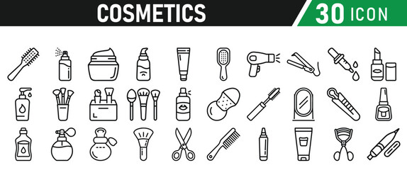 Cosmetic line icons set. Include icon - cream, collagen, mask, makeup lotion, serum, sunscreen outline pictogram for skincare product. Icons Collection
