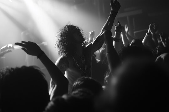 black and white photo of crowd hands up. Live stage performance at rock show concert. Hands of people at a concert. Live music awards