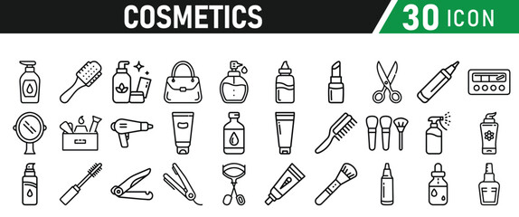 Cosmetic line icons set. Include icon - cream, collagen, mask, makeup lotion, serum, sunscreen outline pictogram for skincare product. Icons Collection