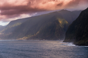 Beautiful coastal area in Madeira, Portugal, and storm clouds