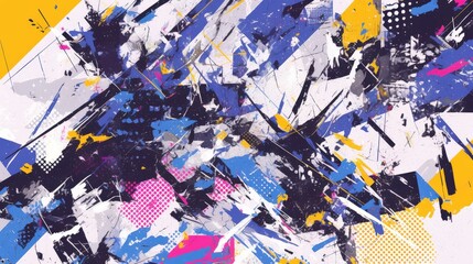 Fototapeta premium Abstract composition with layered shapes, textures, and bold color bursts