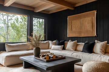  Farmhouse, country style home interior design of modern living room. Beige and black-toned rustic room with woven textures, natural wood elements, and black accent paneling wall. 