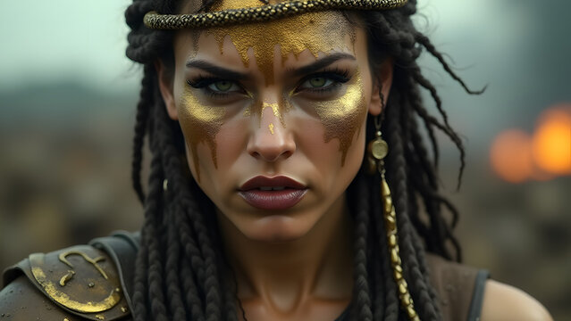 "Warrior queen with molten metallic war paint defying gravity. Braided rune crown and scarred lip contrast with smoky battlefield backdrop."