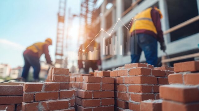 Construction workers building a structure with bricks near a construction site while monitoring progress on a digital display