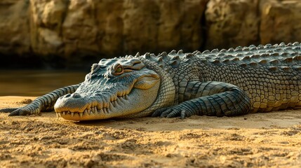 Fototapeta premium A large crocodile resting on the sandy riverbank, surrounded by rocky terrain and calm water
