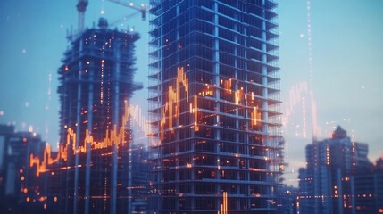 Urban construction merges with digital technology at dusk in a metropolitan area