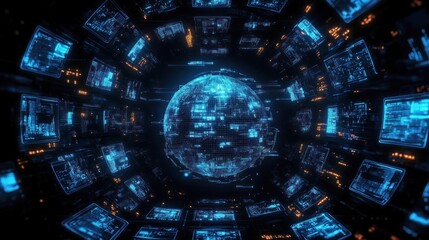 Futuristic Digital Globe with Holographic Data Screens Cyberpunk Technology Aesthetic