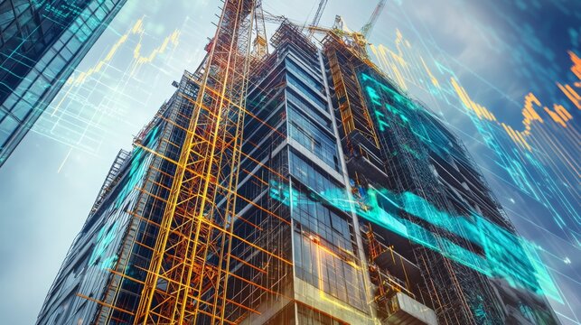 Modern skyscraper under construction with digital overlay of financial data and market trends in urban environment - Powered by Adobe