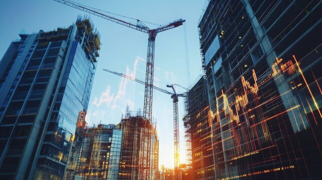 Construction workers and cranes at a modern building site during sunset in an urban landscape