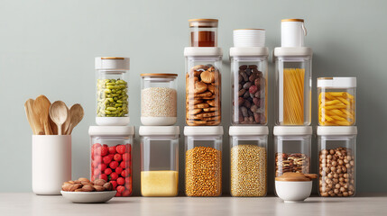 Organized kitchen storage with various food items in clear containers