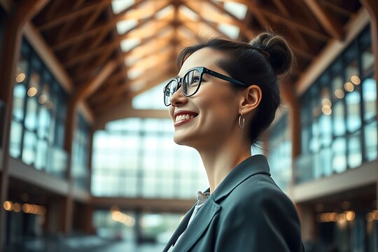 Smiling Woman Wearing Glasses And Wearing Business Clothes Depicts Happiness And Success, In Her Company, Career And Professional