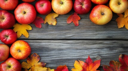 Autumn Abundance Apples and Fall Leaves on Rustic Wood