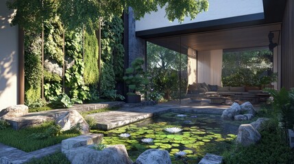 Fototapeta premium Modern garden design featuring a tranquil pond surrounded by greenery in a contemporary residential area during daytime