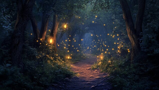 Enchanting forest path at night, lit by glowing lights. Lush greenery, mystical atmosphere