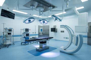 A modern, sterile operating room with bright blue-tinted lighting. The room contains a large black surgical table in the center with multiple adjustable sections