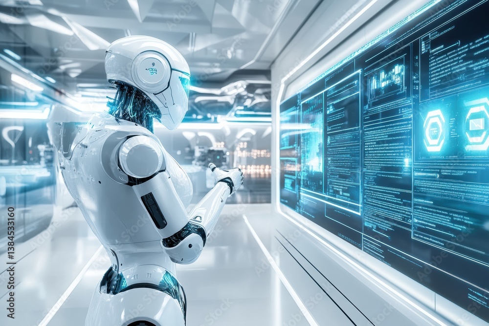 Poster High-tech learning hub showcasing robotic arms, AI interfaces, and advanced educational technology for innovative learning experiences
