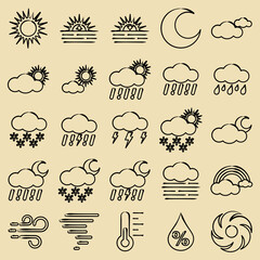 Icon set of weather. Weather elements symbol. Icons in hand drawn style. Good for prints, web, smartphone app, posters, infographics, logo, sign, etc.