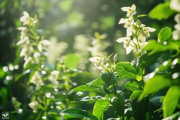 Lush green vanilla plantation with blooming white orchids under warm sunlight in a vibrant organic setting