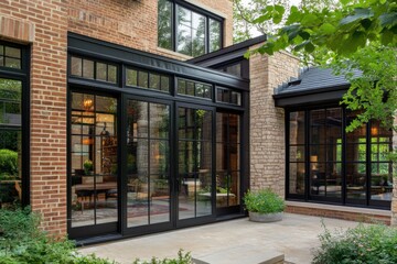The stunning modern architecture showcases expansive windows and beautiful stone accents, all set against the backdrop of a verdant garden during the daylight hours