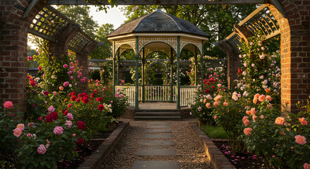 Charming Victorian Gazebo Amidst a Vibrant Heritage Rose Garden Landscape