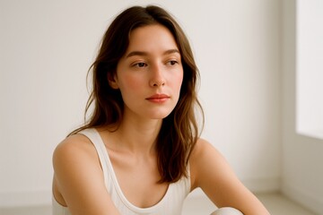 Peaceful Female Model in Minimalist Space with Clean Glow – Realistic 4K Beauty Image with Soft Makeup and Youthful Skincare Appeal for Elegant Brand Promotion