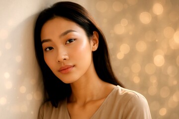 Asian Model with Smooth Skin Leaning Against White Wall – 4K Beauty Photo for Editorial Cosmetic Campaign with Dreamy Bokeh Light Effects and Clean Styling