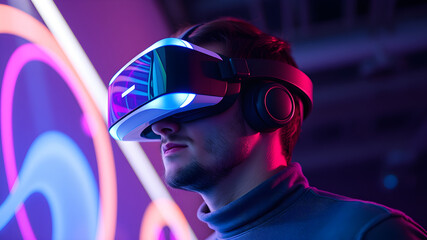 man wearing virtual reality headset vr world neon light	