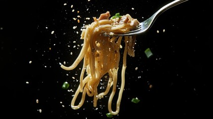 Noodles flying off a fork with sesame seeds and green onions in a dark background