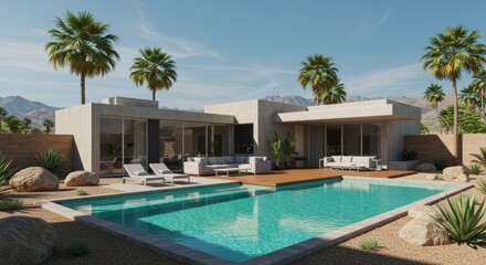 Fototapeta premium Modern house with a pool and palm trees in a desert landscape on a sunny day in california