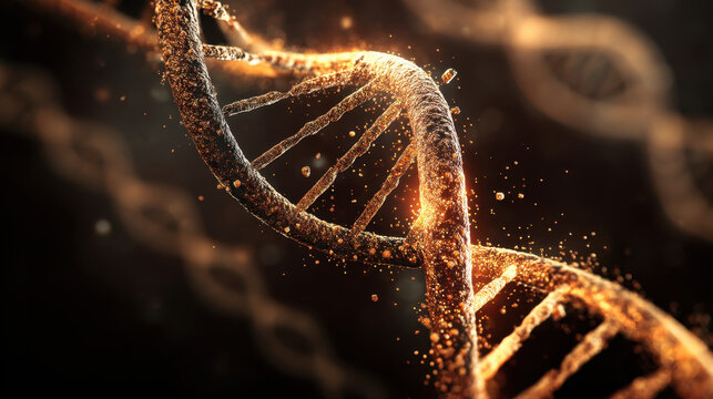 stunning visualization of dna strands showcases intricate helix structure, shimmering with golden particles that evoke sense of wonder and discovery in realm of genetics