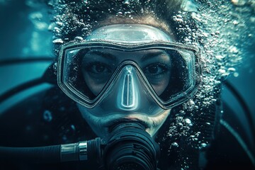 Woman scuba diver with mask underwater and bubbles around face. Shows adventure, exploration, and the thrill of diving in deep waters.