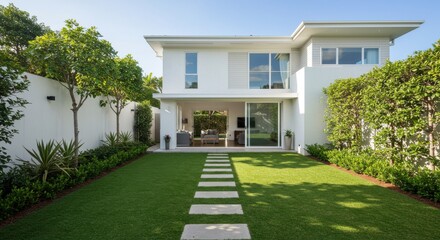 Exterior view of a modern white house with a green lawn and a stone walkway in the backyard area