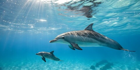 Fototapeta premium Beautiful dolphin captured in action during sunset jump, evoking serenity, nature’s beauty, and ocean life. Great white shark underwater view, Guadalupe island, Mexico. 