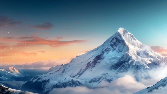 Majestic Snow-Capped Mountain Peaks Under Soft Twilight Sky with Dreamy Clouds