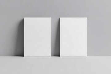 Fototapeta premium Two Blank White Cards Leaning on a Grey Wall, Minimalist Stationary Mockup