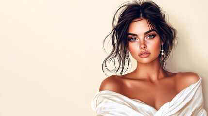 A graceful woman in minimalist fashion, soft facial features, dark flowing hair under a white wrap