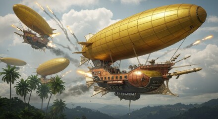 Fototapeta premium Golden airships flying over tropical islands in a steampunk fantasy battle scene with explosions
