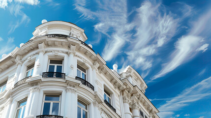 Elegant white historic building facade against a dramatic cloudy blue sky