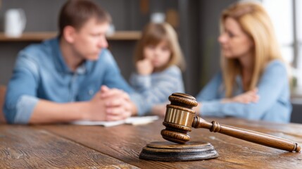 A gavel rests on a wooden table in focus, while a blurred family appears to discuss matters, reflecting themes of law, family, and potentially conflict resolution.