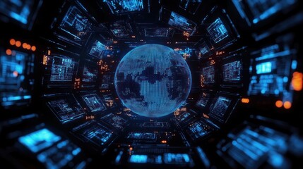 Futuristic Digital Globe with Holographic Data in Cyberpunk Aesthetic